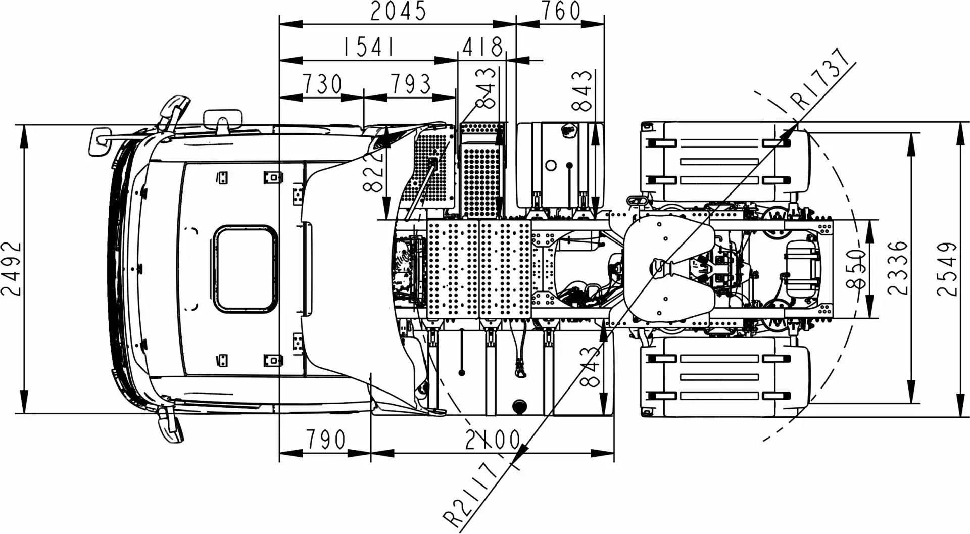 Чертеж тягач DONGFENG 4х2_вид сверху