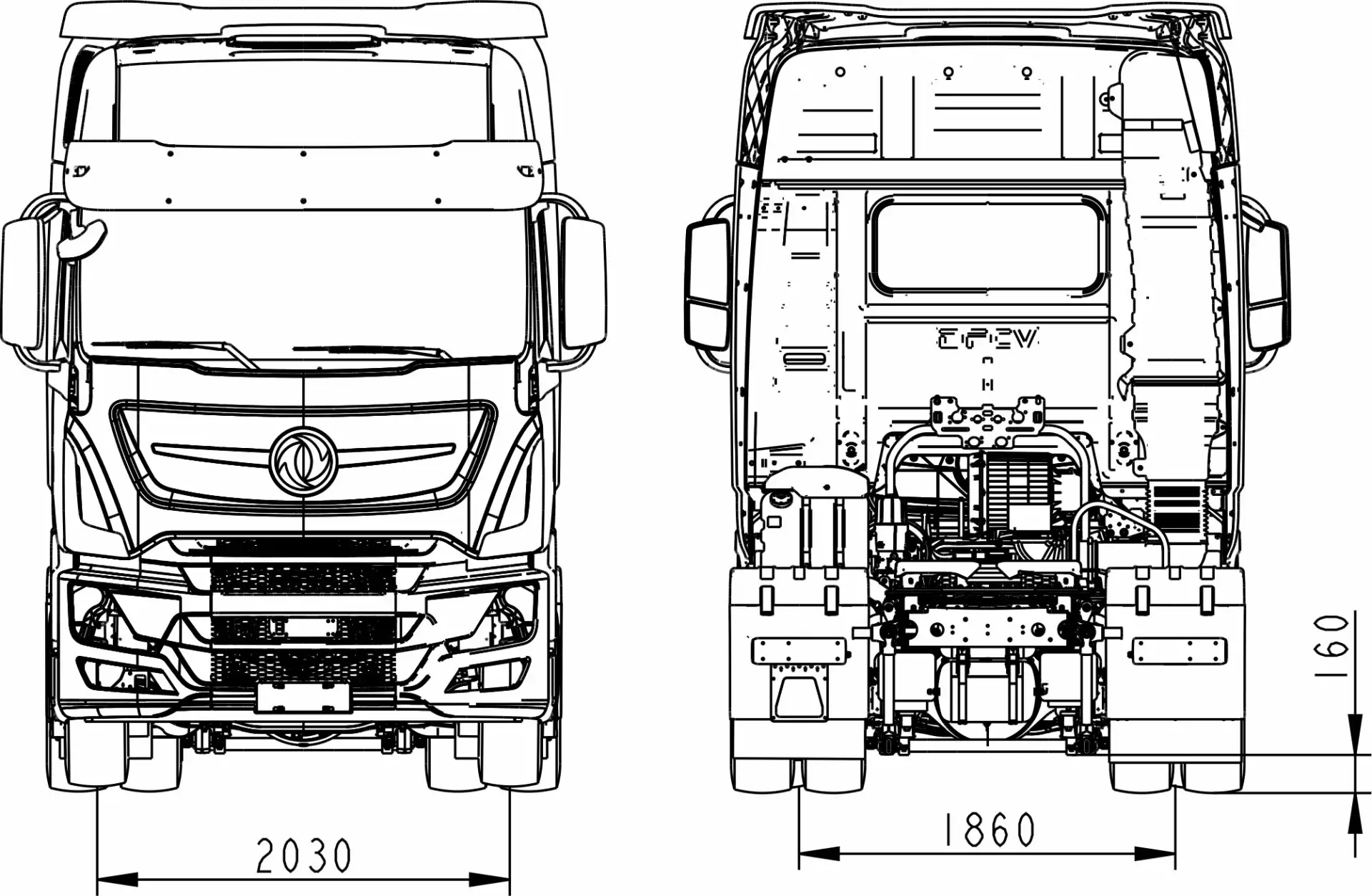 Чертеж_тягач_DONGFENG_4х2_вид_спереди_и_сзади